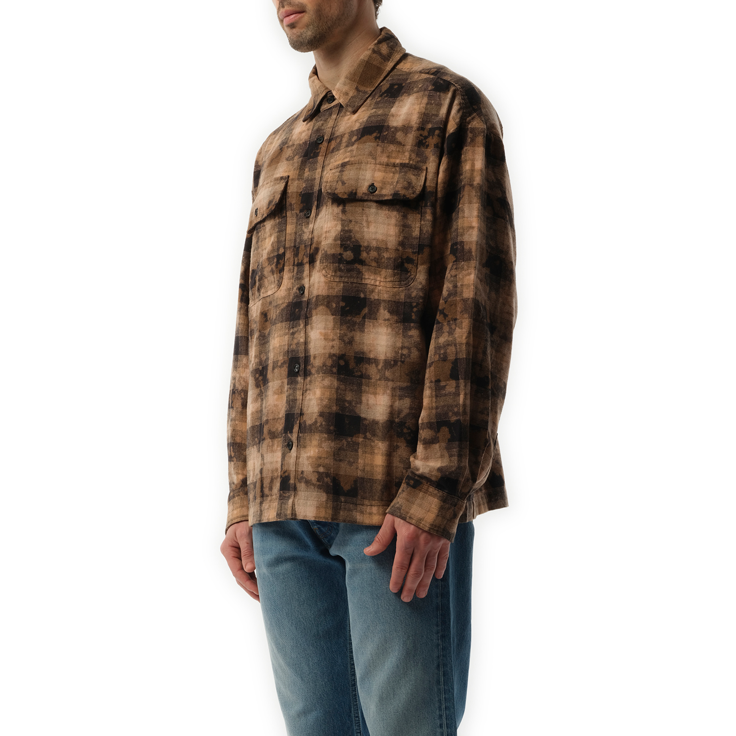 Long Sleeve Curved Logo Check Shirt in Brown/Off White