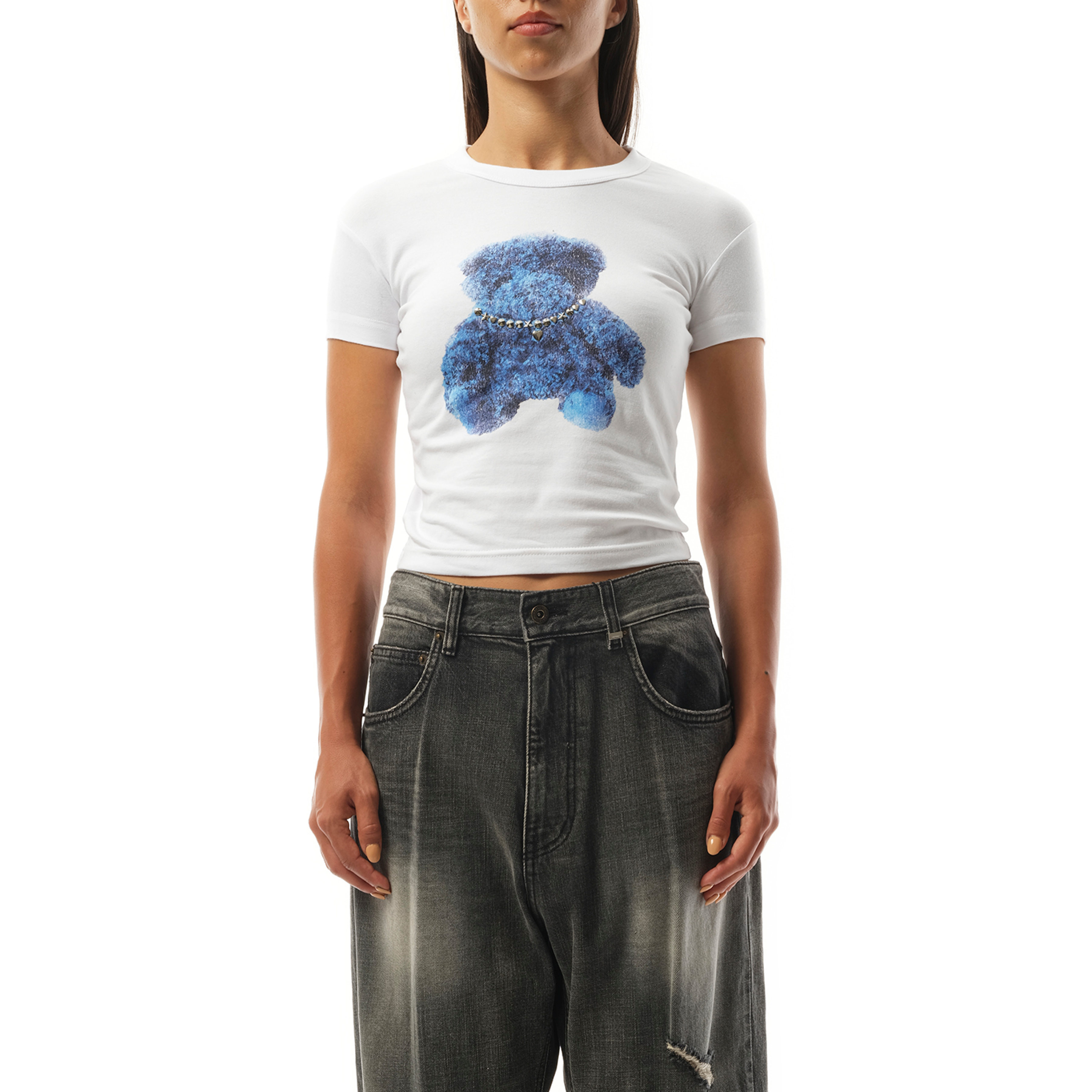 Womens Studded Bear Cropped T-Shirt in White