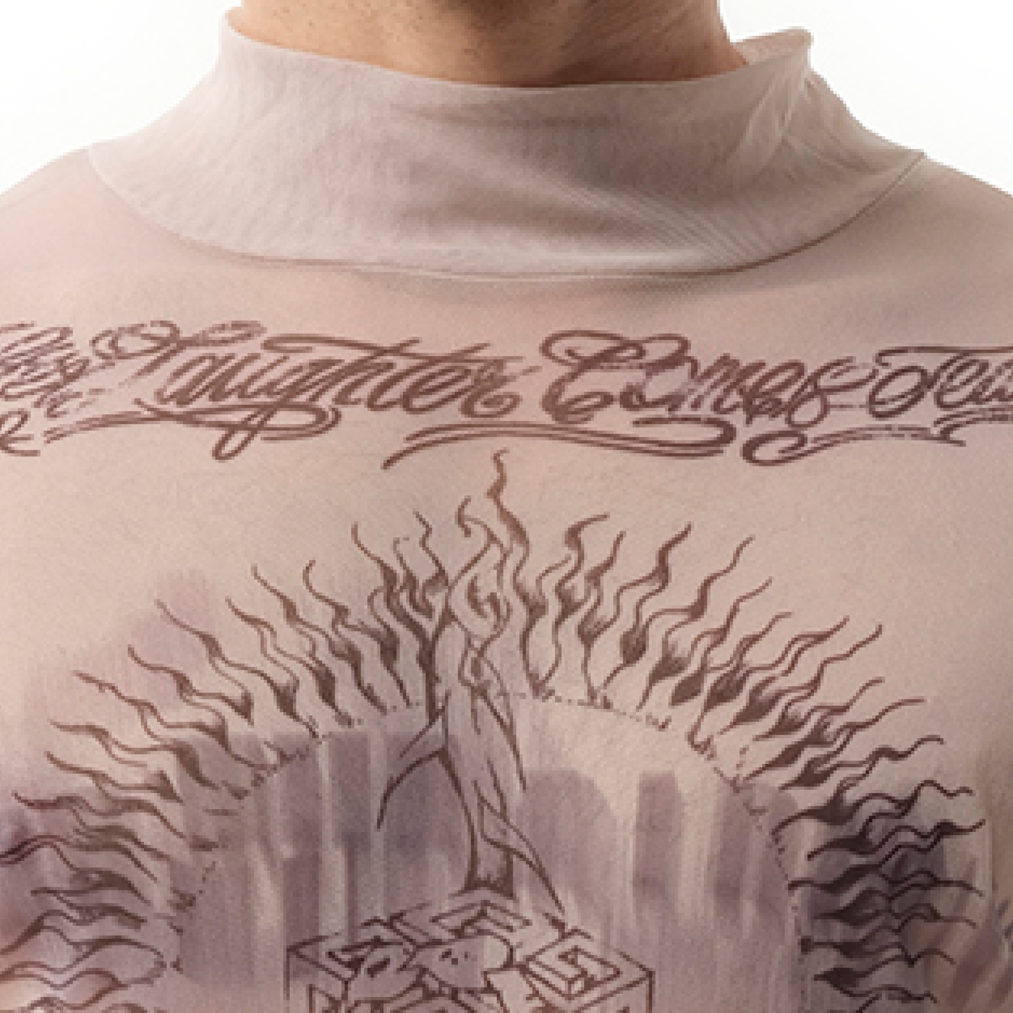 Tattoo Shrine Mesh Long Sleeve T-Shirt in Beige