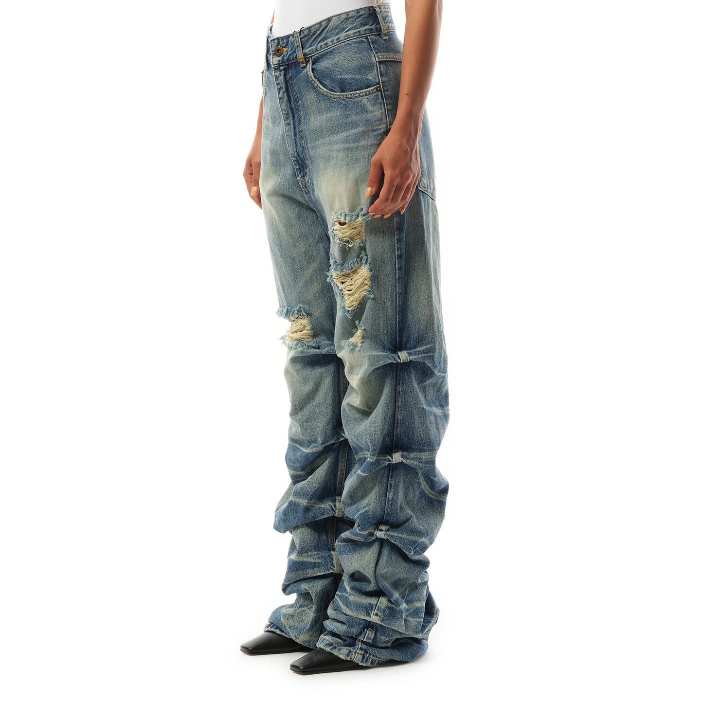 Wrinkled Straight Denim Trousers in Blue