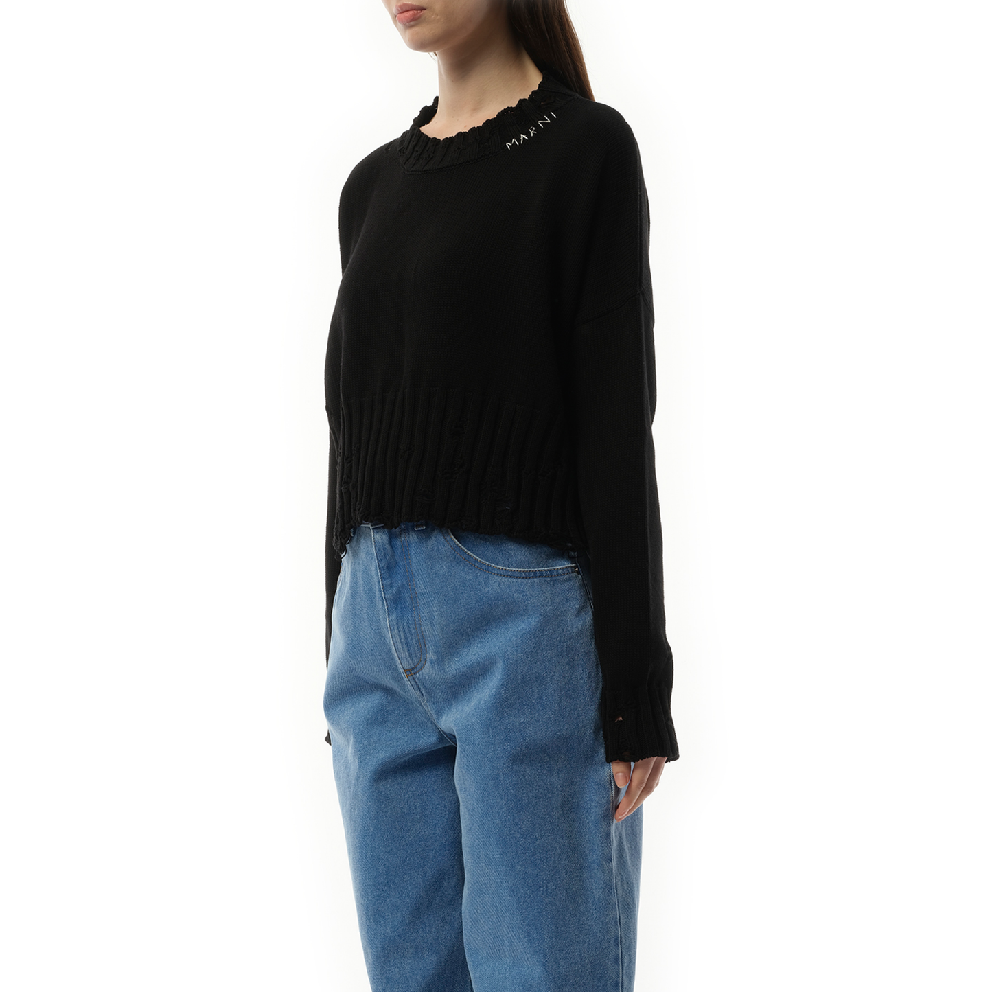 Distressed Cropped Sweater in Black