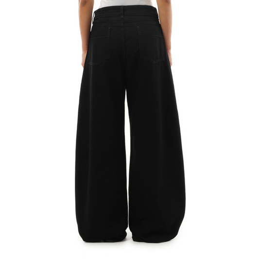 High Waisted Curved Denim Pants in Black