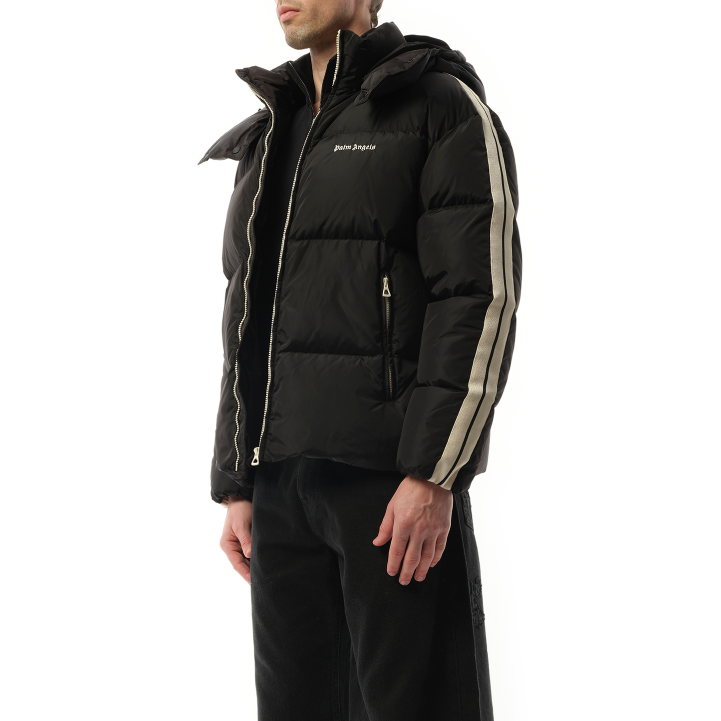 Hooded Track Down Jacket in Black/Off White