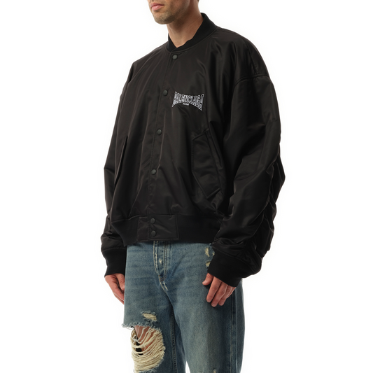 Nylon Bomber Varsity Jacket in Black