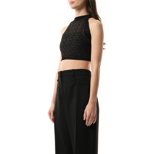 Halterneck Glittered Knit Crop Top in Black