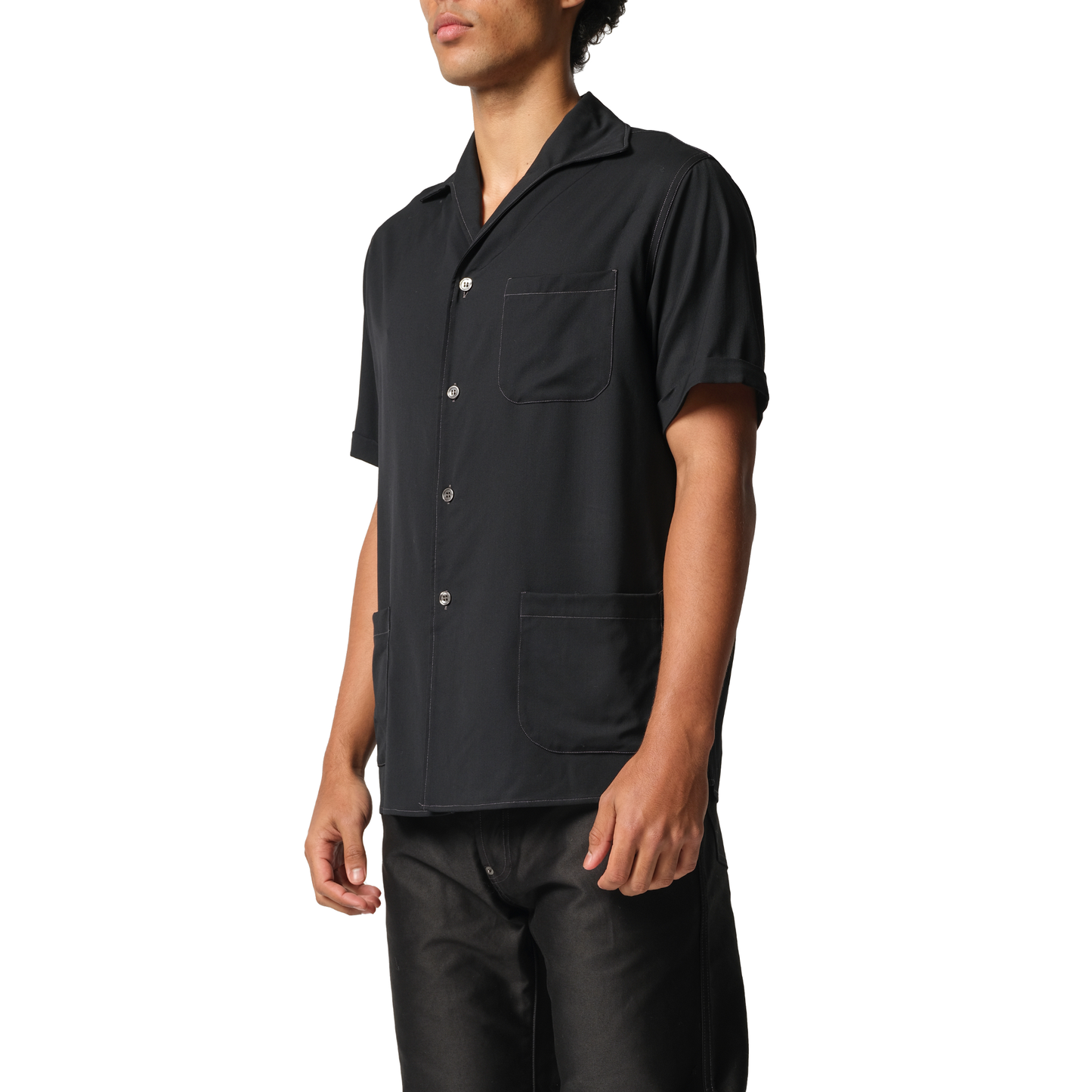 Fine Wool Short-sleeved Shirt in Black