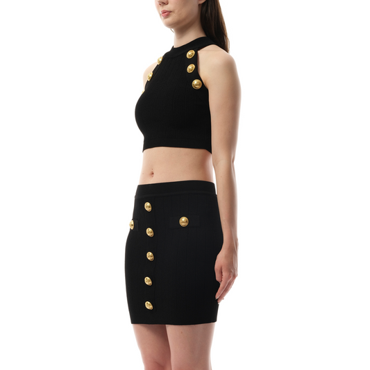 6 Button Halter neck Knit Cropped Top in Black