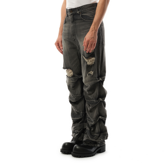 Wrinkled Straight Denim Trousers in Black