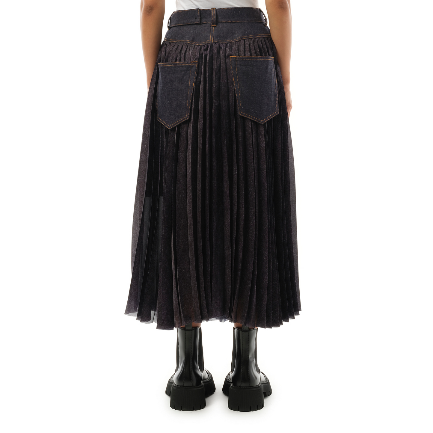 Denim Mix Pleat Skirt in Indigo