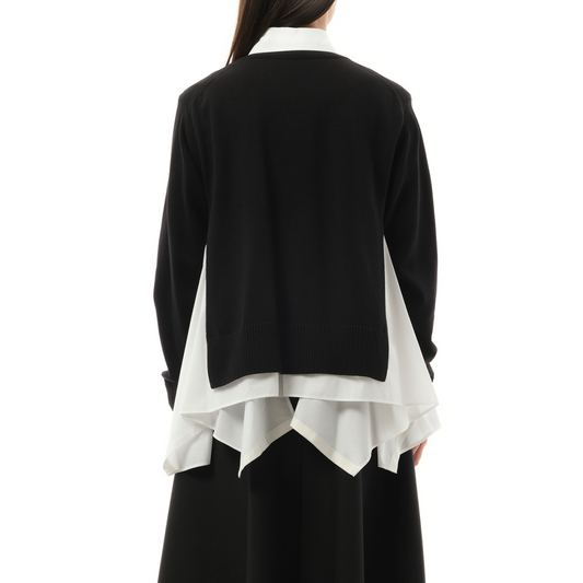 Cotton Poplin x Knit Cardigan in Black/Off White