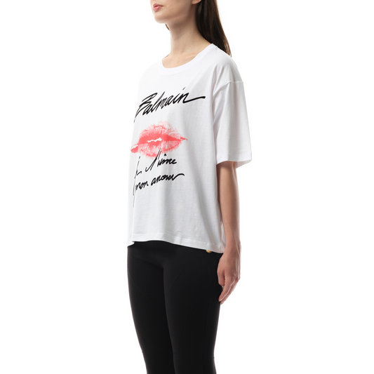 Balmain Kiss Print T-Shirt in White/Black/Red