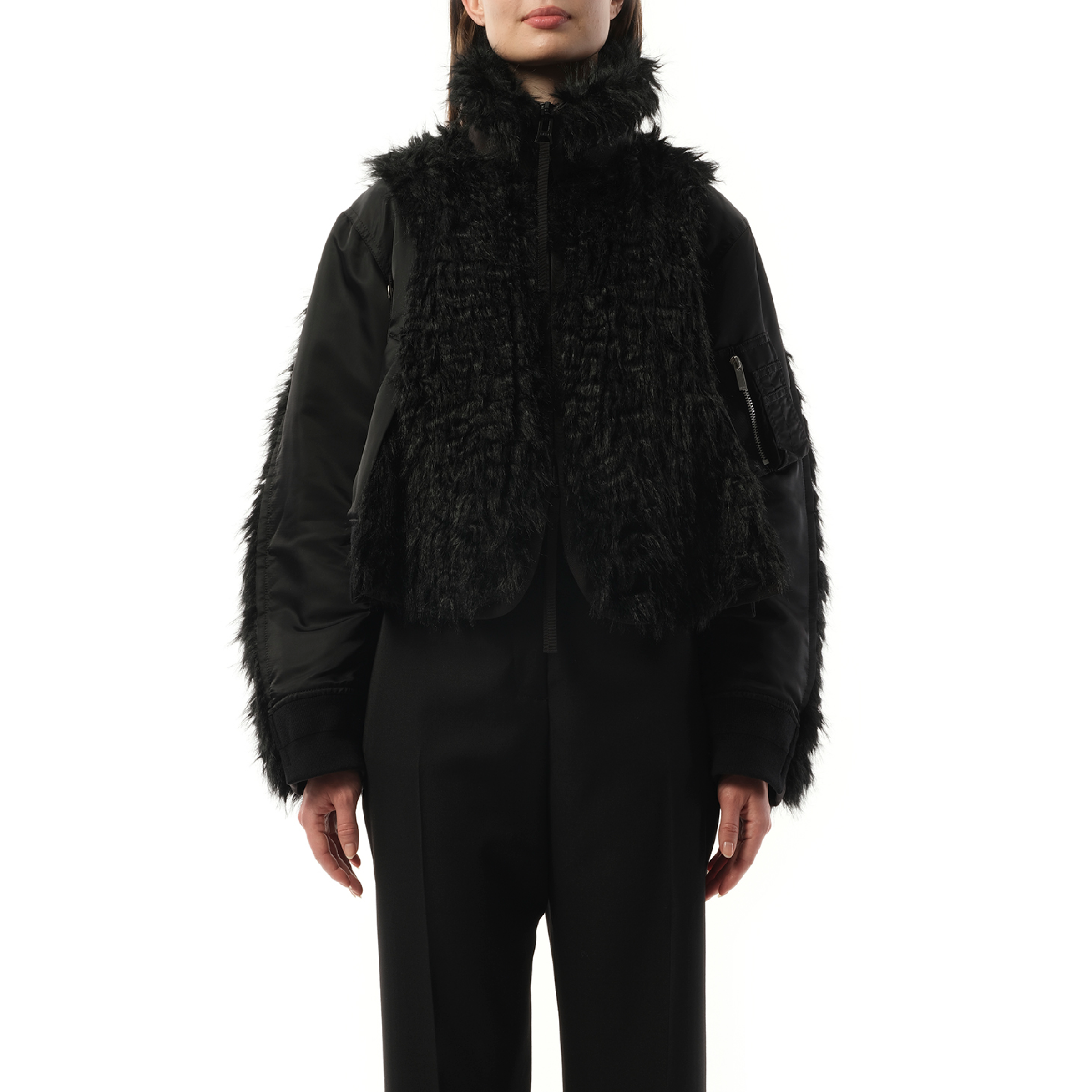 Faux Fur x Nylon Twill Blouson in Black