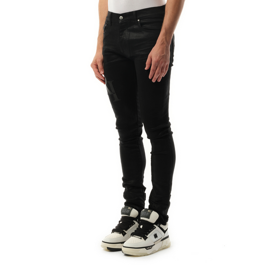 Waxed Staggered Logo Skinny Jeans in Black Wax