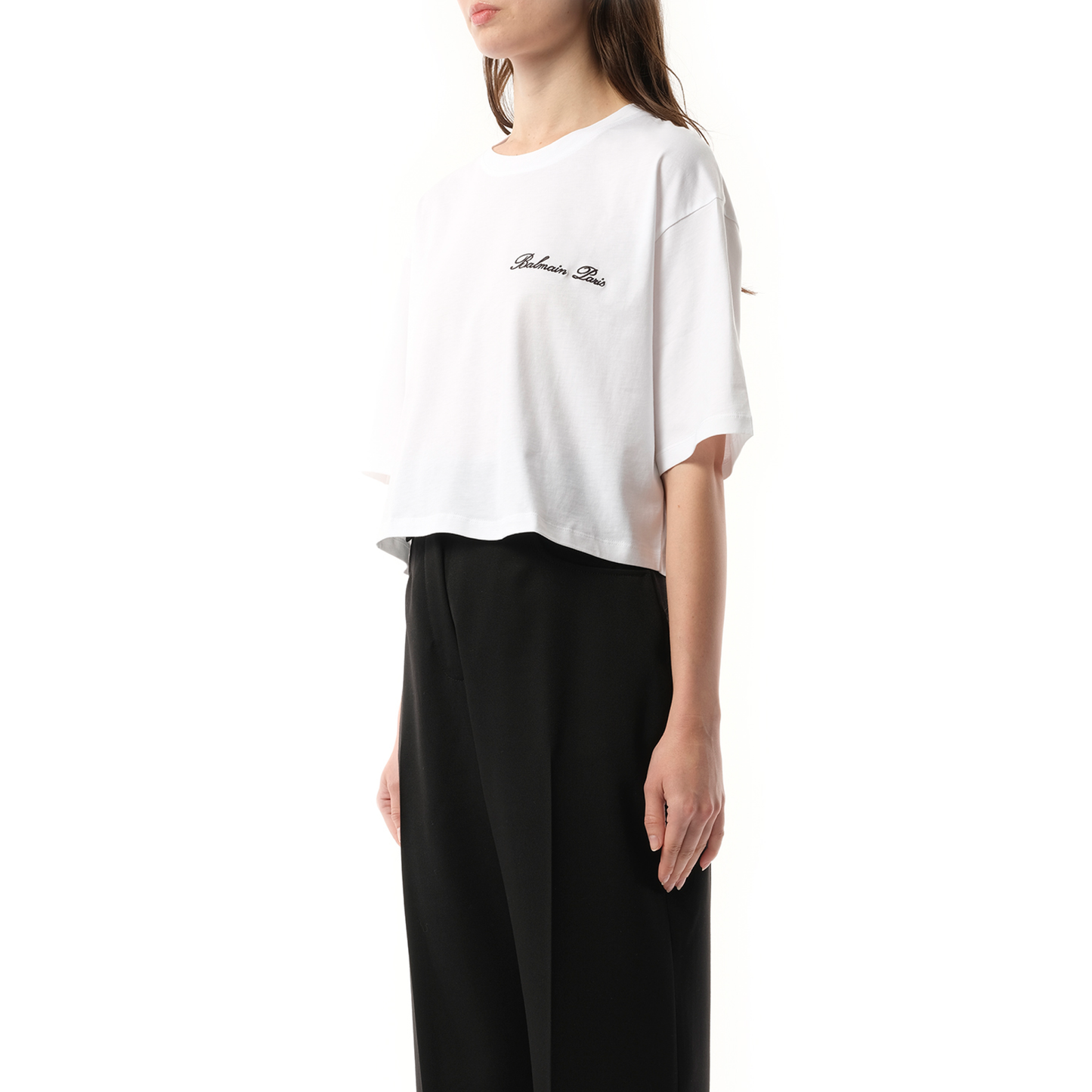 Balmain Signatured Embroidered Crop Top in White/Black