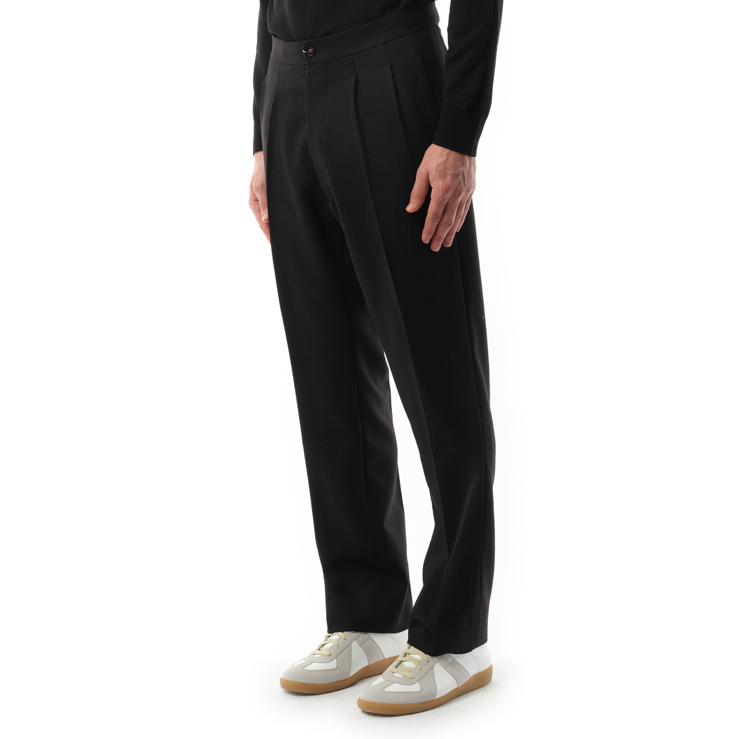 Wool Herringbone Pants in Black