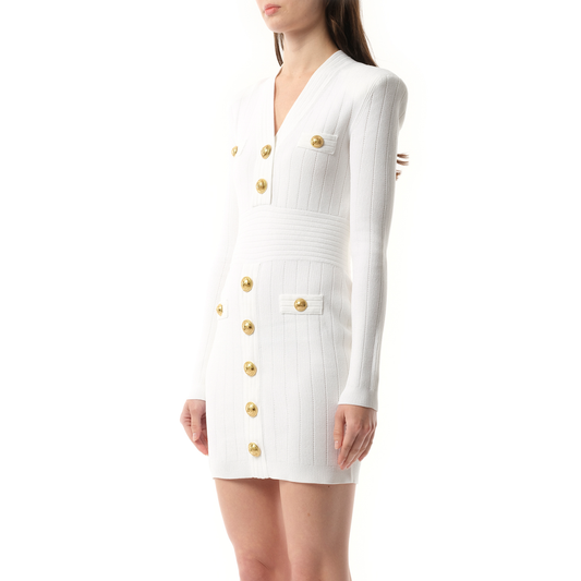 Long Sleeve Buttoned Short Knit Dress in White