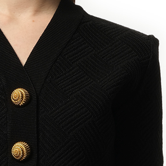 Buttoned V Neck Vichy Knit Cardigan in Black