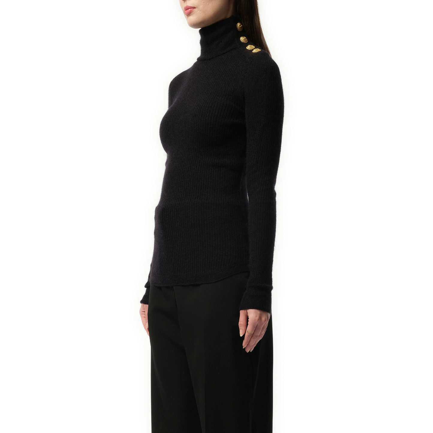 Buttoned High Neck Mohair Top in Black