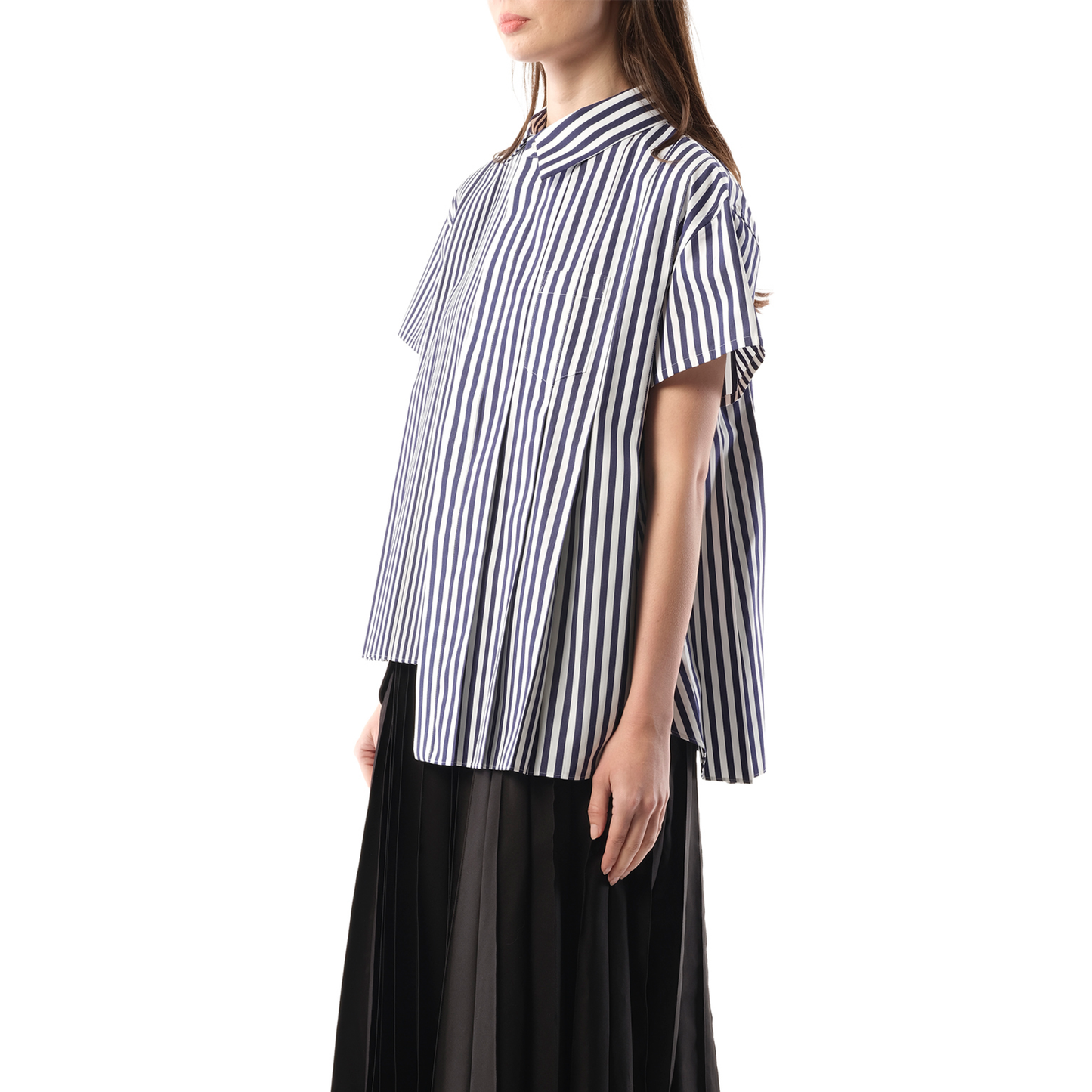 Asymmetric Cotton Poplin Shirt in Navy Stripe