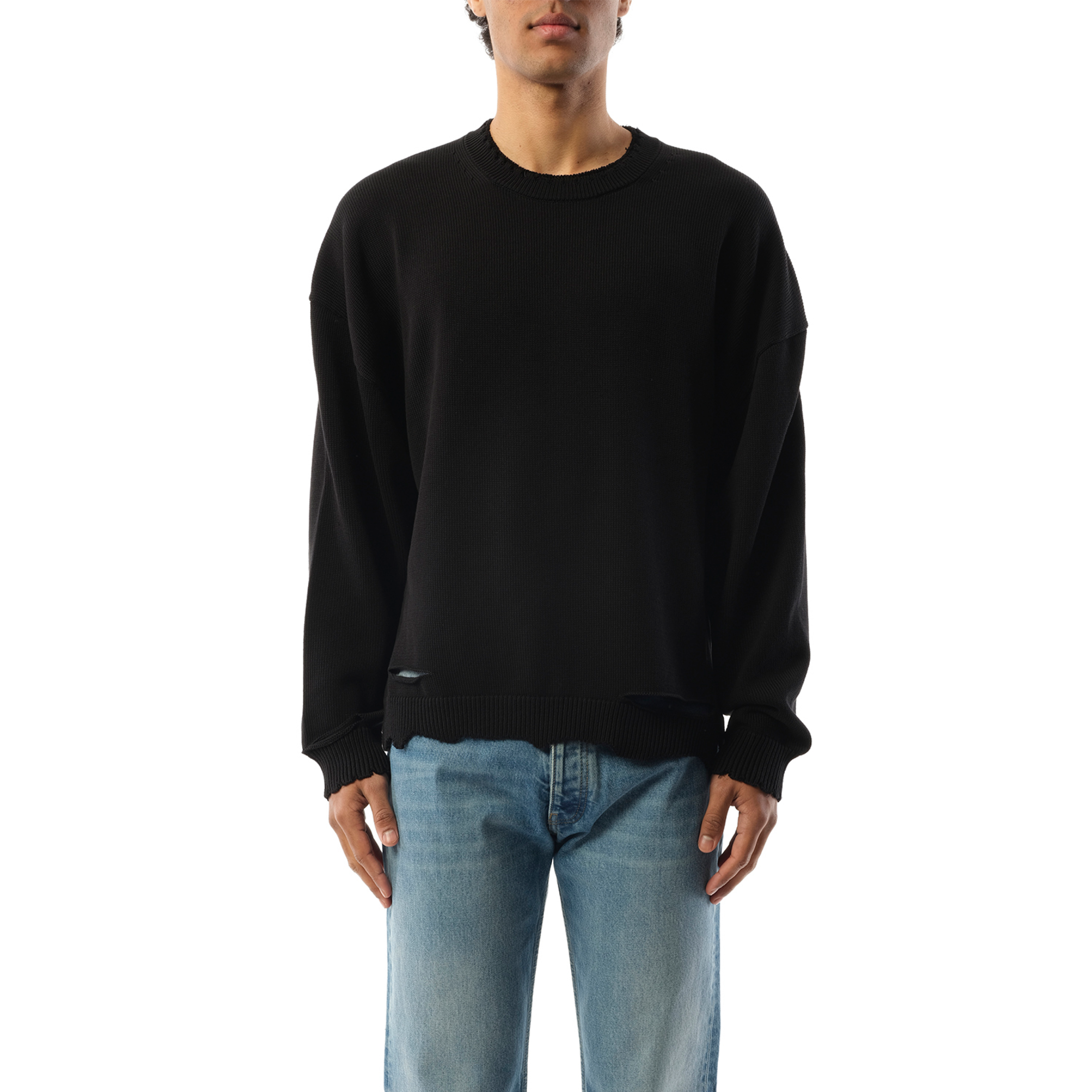 Distressed Rib Sweater in Black