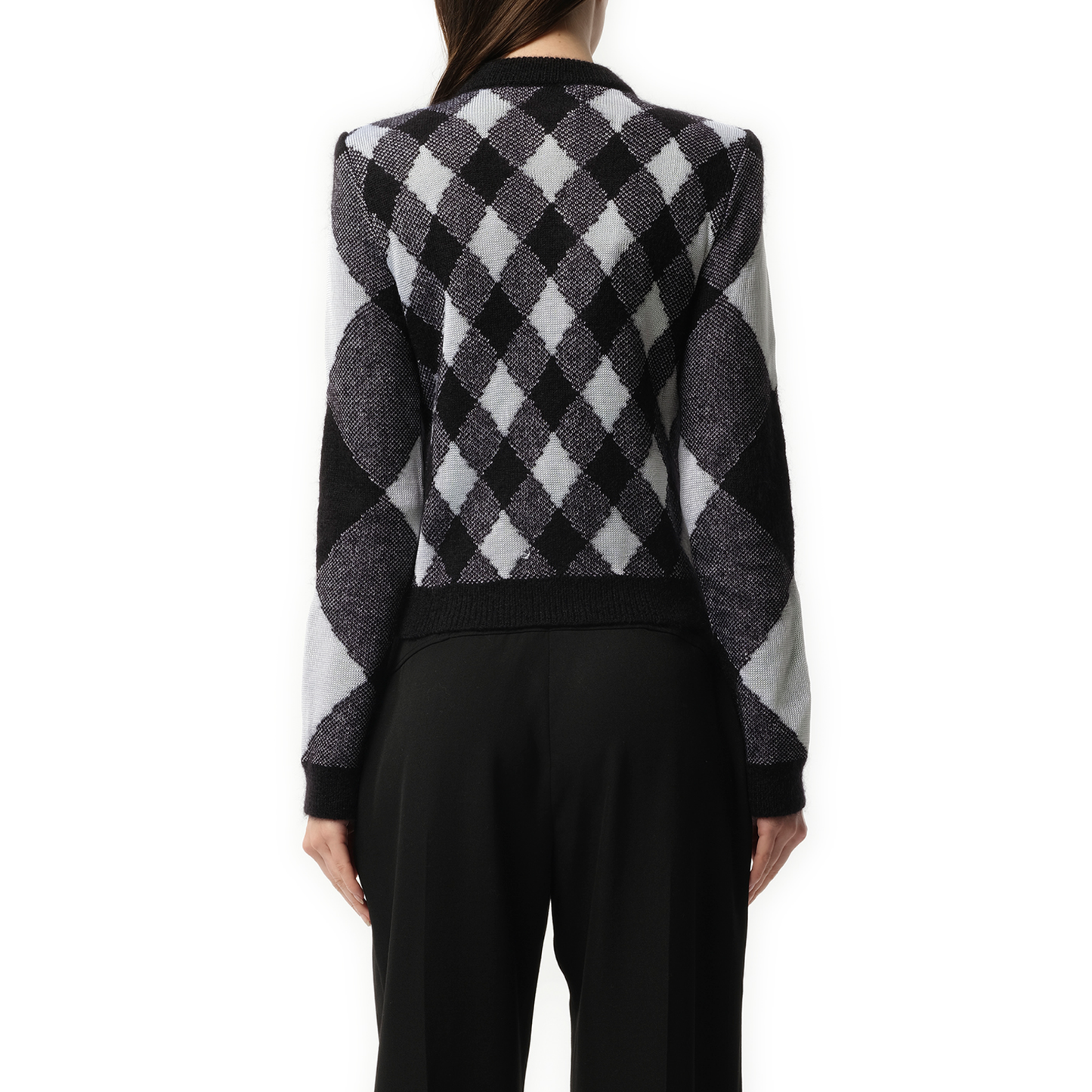 Buttoned 2 Pockets Vichy Knit Cardigan in Black/White