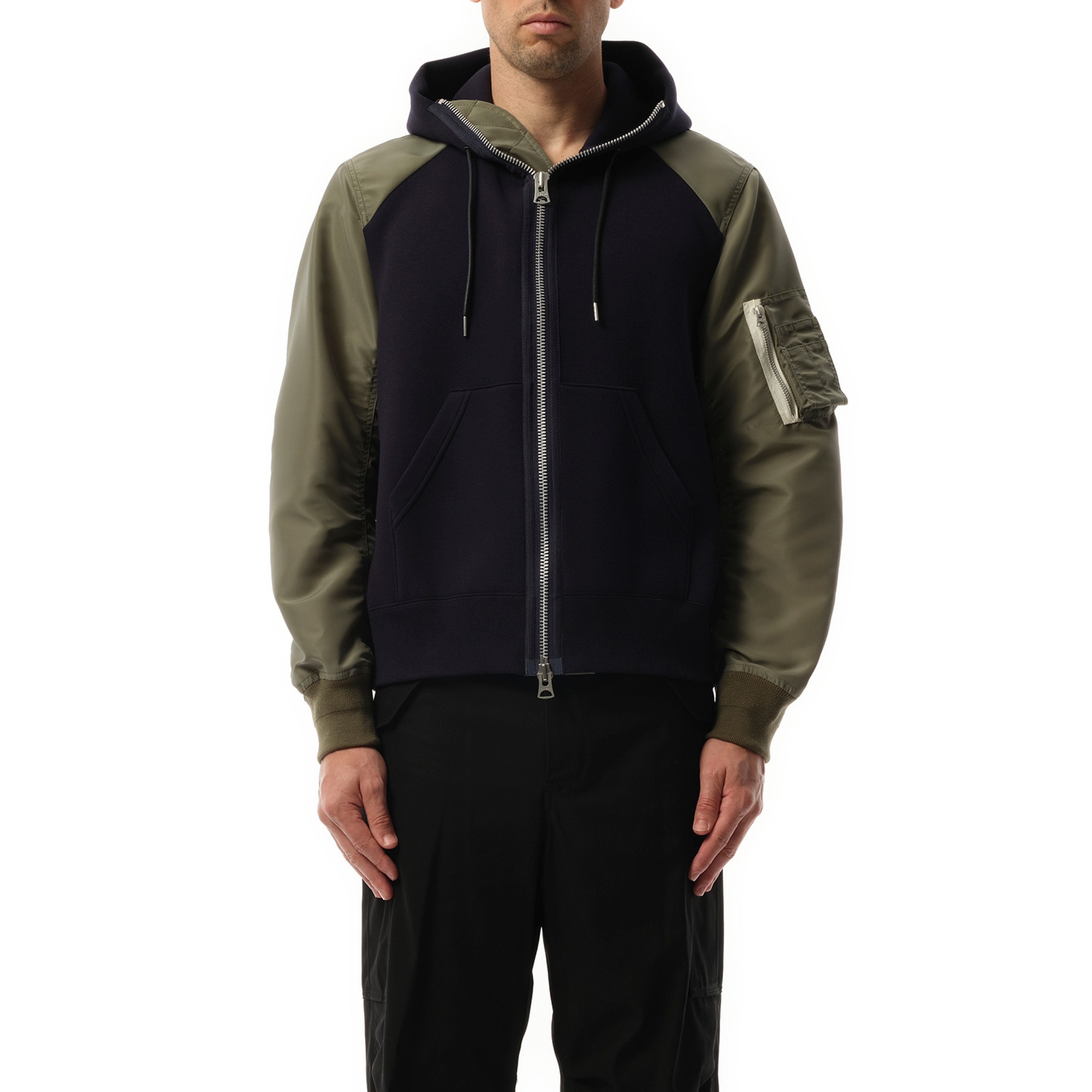 Sponge Sweat Nylon Zip Hoodie in Navy/Khaki