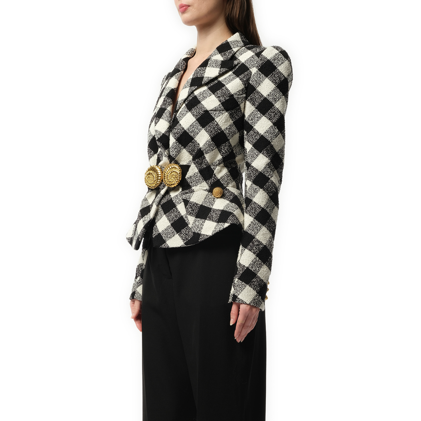 2 Button Escargot Belted Vichy Tweed Jacket in Black/White