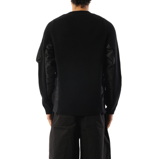 Nylon Twill x Wool Knit Pullover in Black