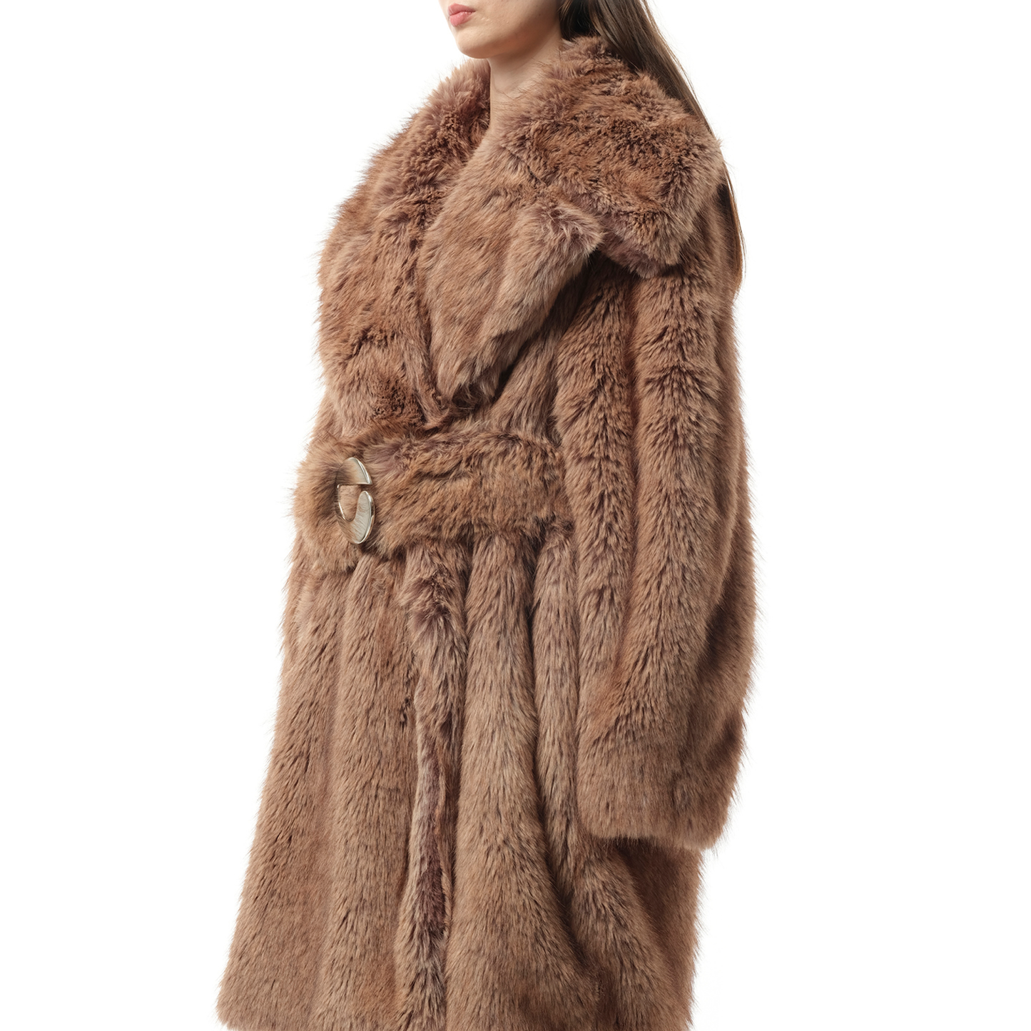 Fur Oversized Belted Coat in Brown