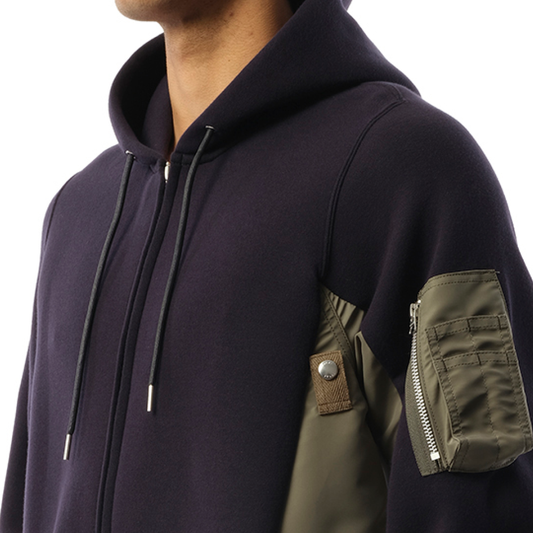 Sponge Sweat Nylon Twill Zip Hoodie in Navy/Khaki