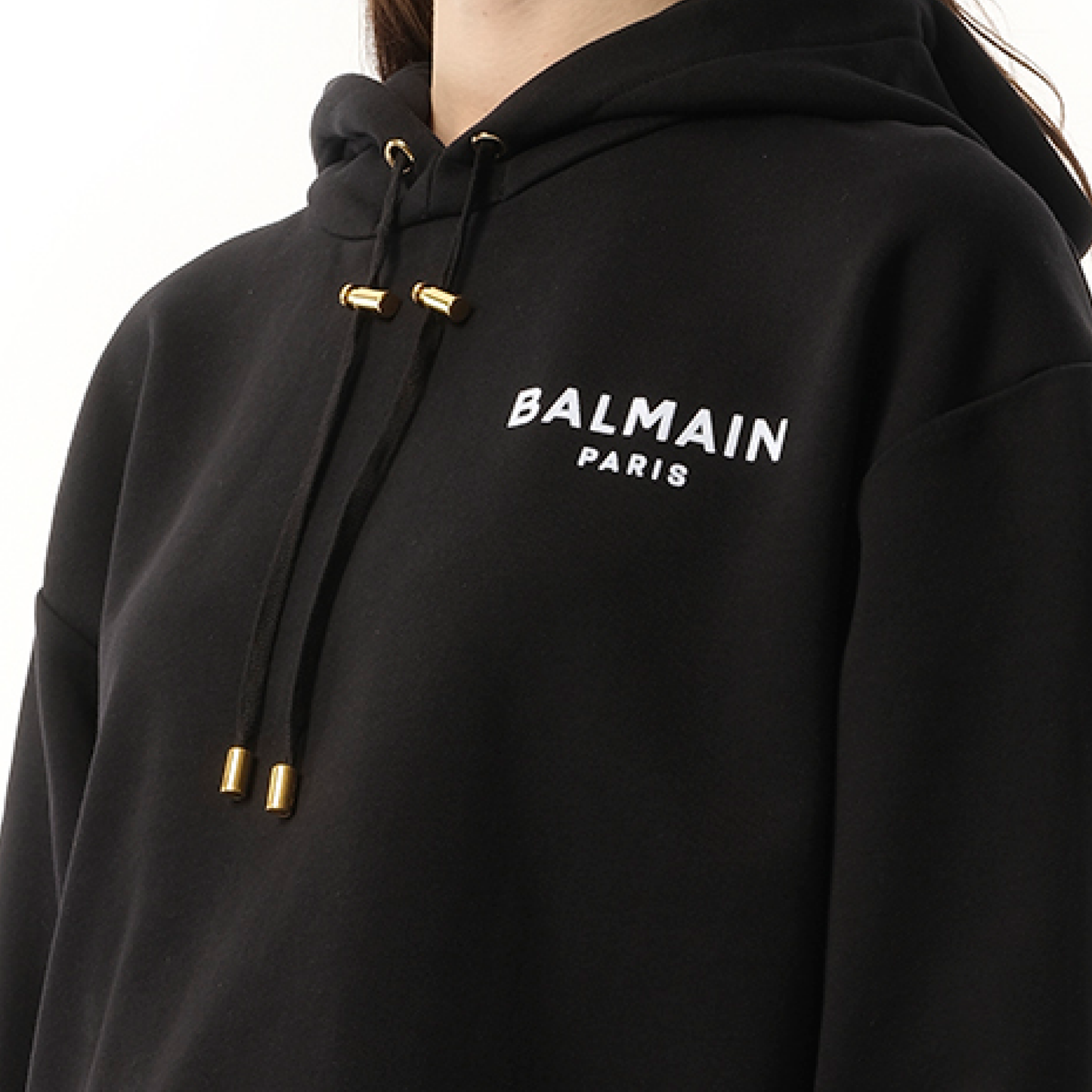 Balmain Flock Detail Cropped Hoodie in Black/White