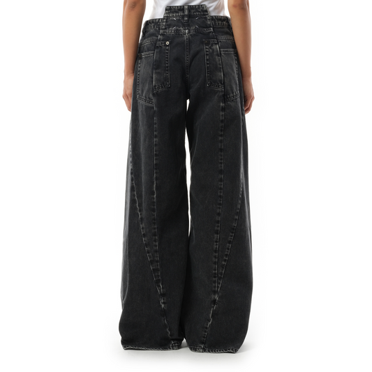 Cut Out Waistband Relaxed Fit Denim Jeans in Black