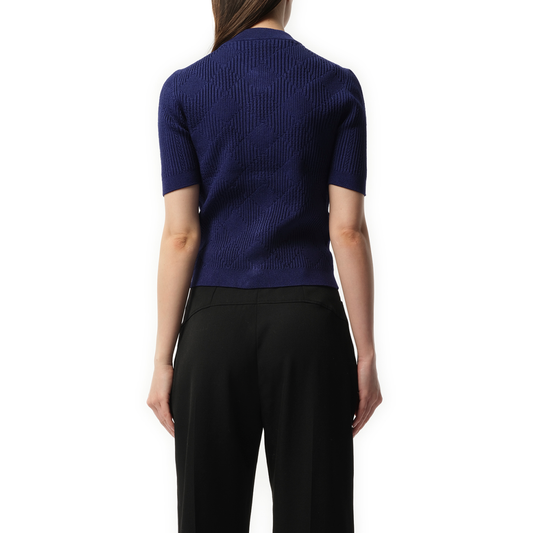 Buttoned 2 Pockets Vichy Knit Cardigan in Midnight Blue