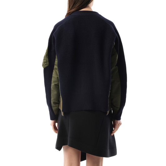 Wool Knit x Nylon Twill Cardigan in Navy/Khaki