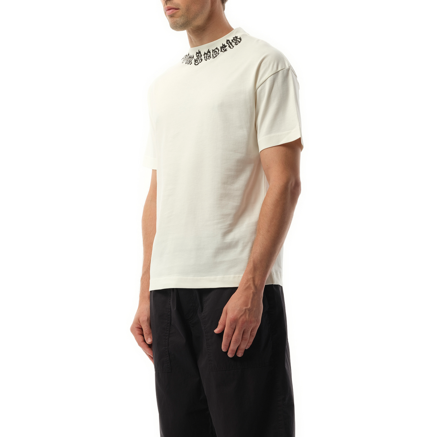 Palm Angels Neck Logo T-Shirt in Off White/Black