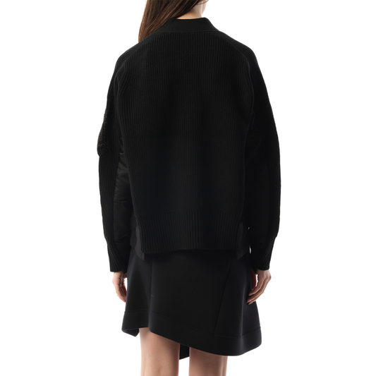 Wool Knit x Nylon Twill Cardigan in Black