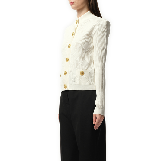 Buttoned 2 Pockets Vichy Knit Cardigan in White