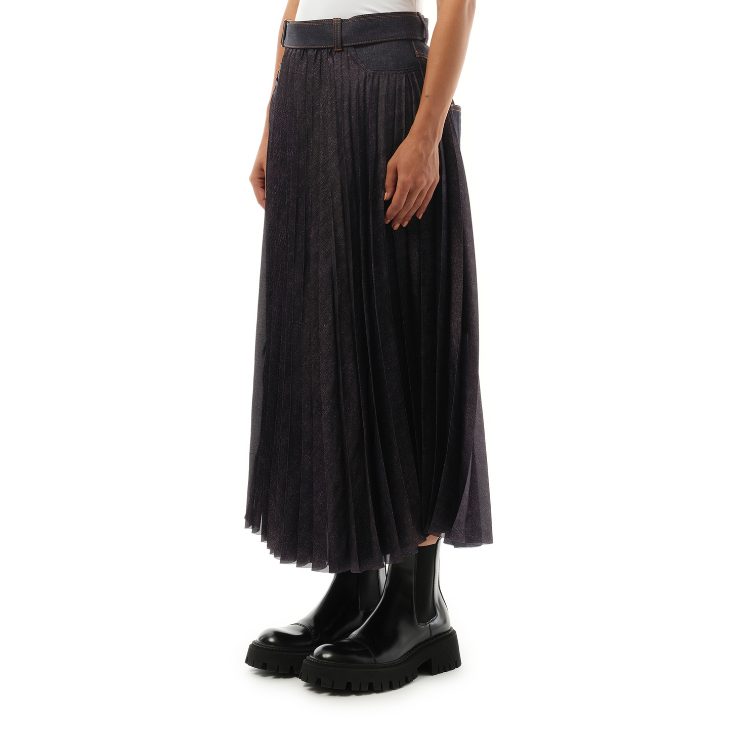 Denim Mix Pleat Skirt in Indigo