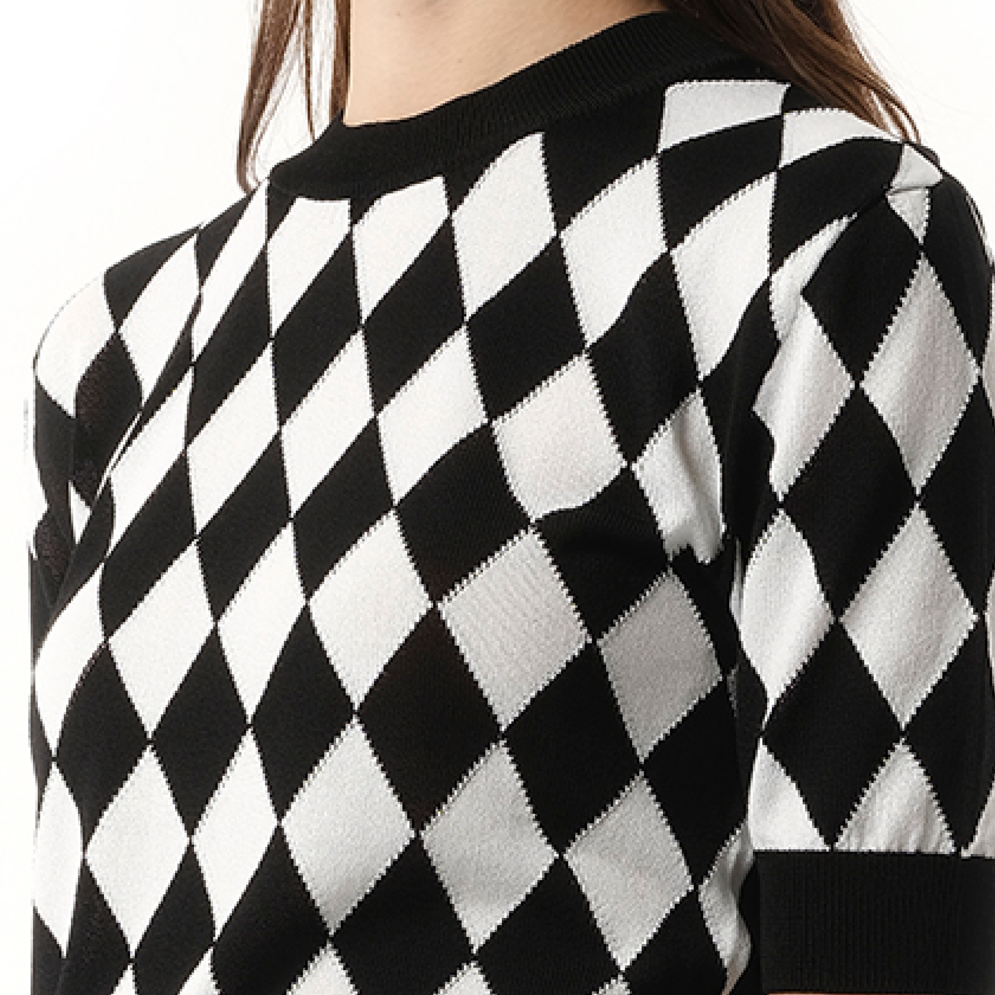 Short Sleeve Diamond Intarsia Knit Top in Black/White