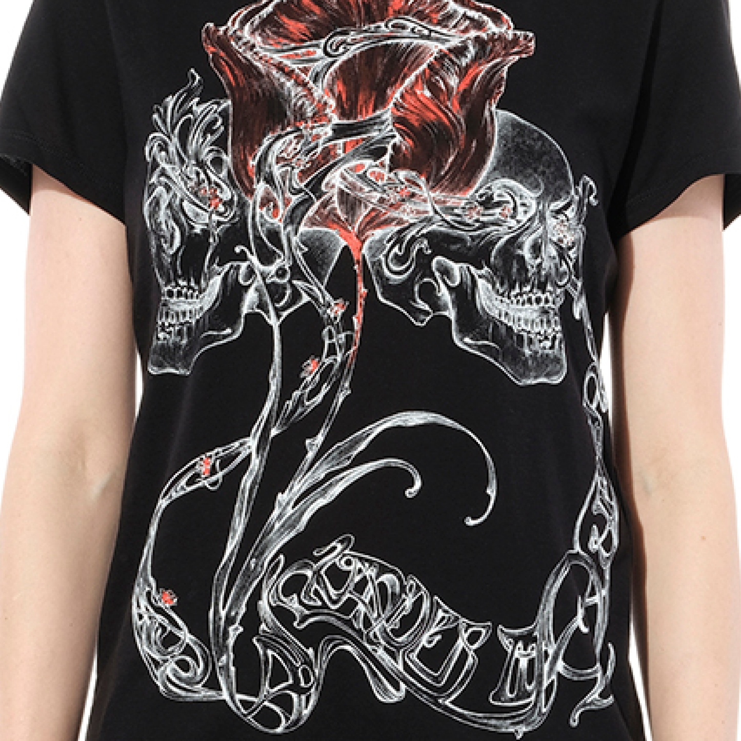 Skull and Rose Print T-Shirt in Black