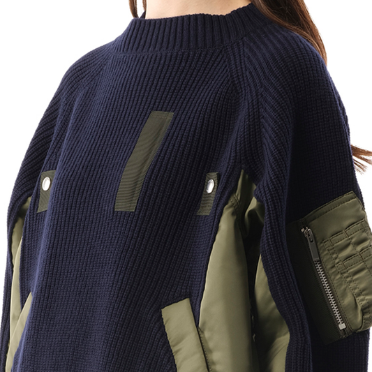 Wool Knit x Nylon Twill Pullover in Navy/Khaki