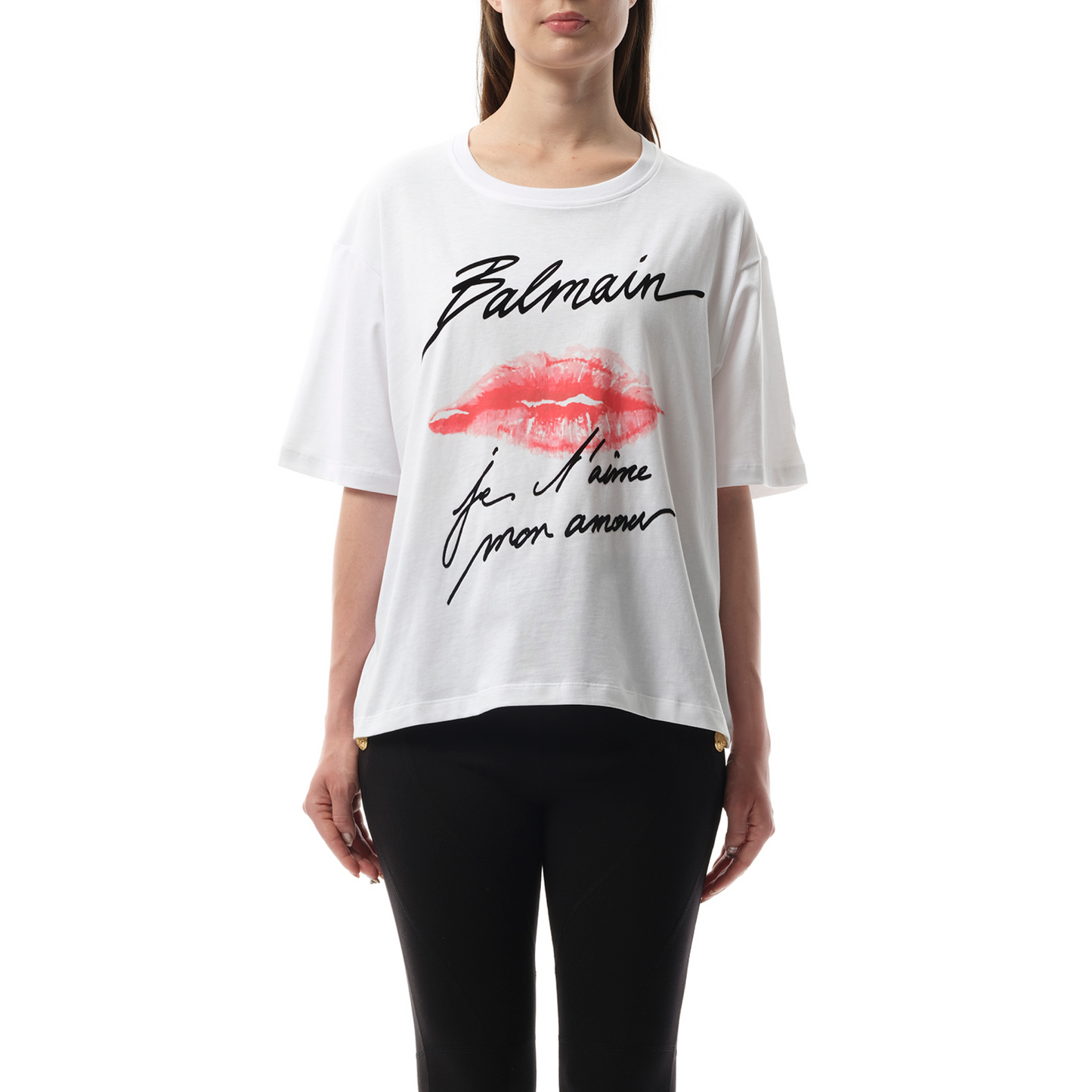 Balmain Kiss Print T-Shirt in White/Black/Red