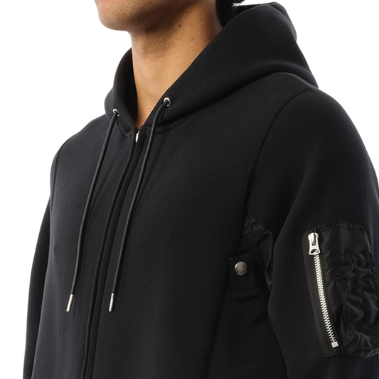 Sponge Sweat Nylon Twill  Zip Hoodie in Black