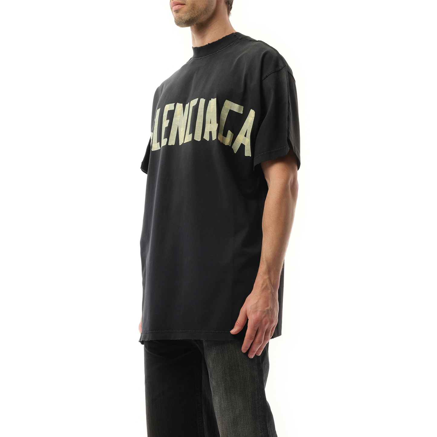 Tape Type Double Front T-Shirt in Washed Black