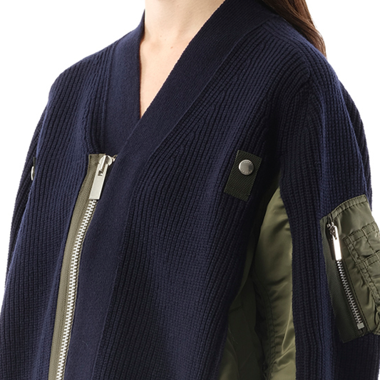 Wool Knit x Nylon Twill Cardigan in Navy/Khaki