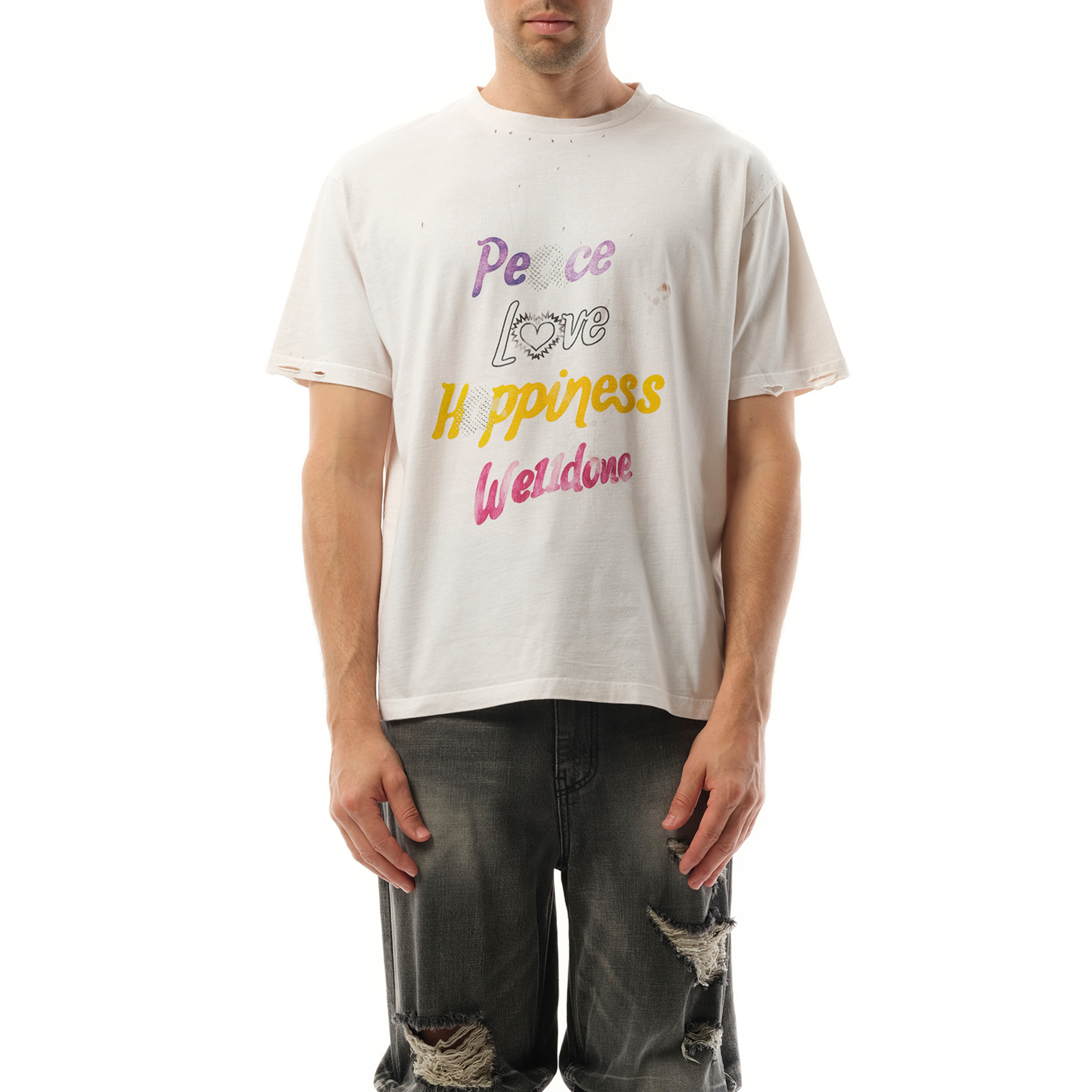 White Lettering Print Distressed T-Shirt in White