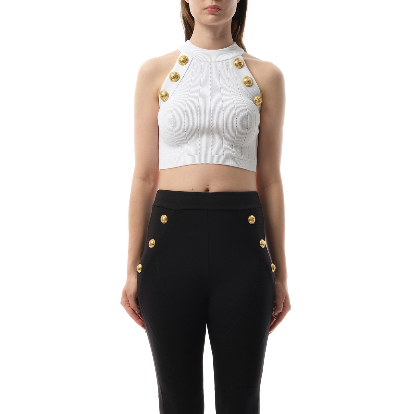 6 Button Halterneck Knit Cropped Top in White