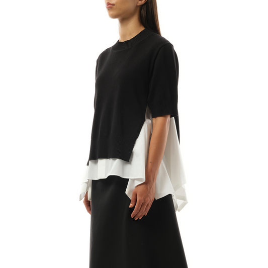 Cotton Poplin x Knit Pullover in Black/Off White