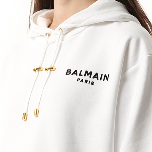 Balmain Flock Detail Cropped Hoodie in White/Black