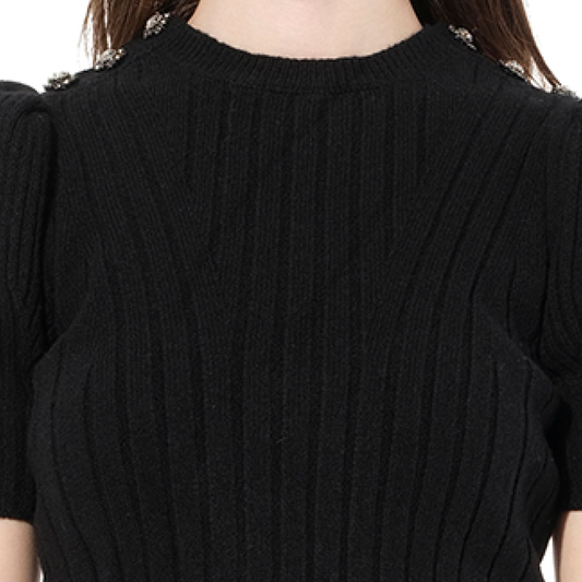 Ribbed Top with Jewel in Black